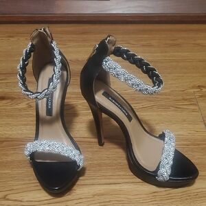 BCBGMaxAzria Black and Silver Stiletto Heels with Rhinestone Straps